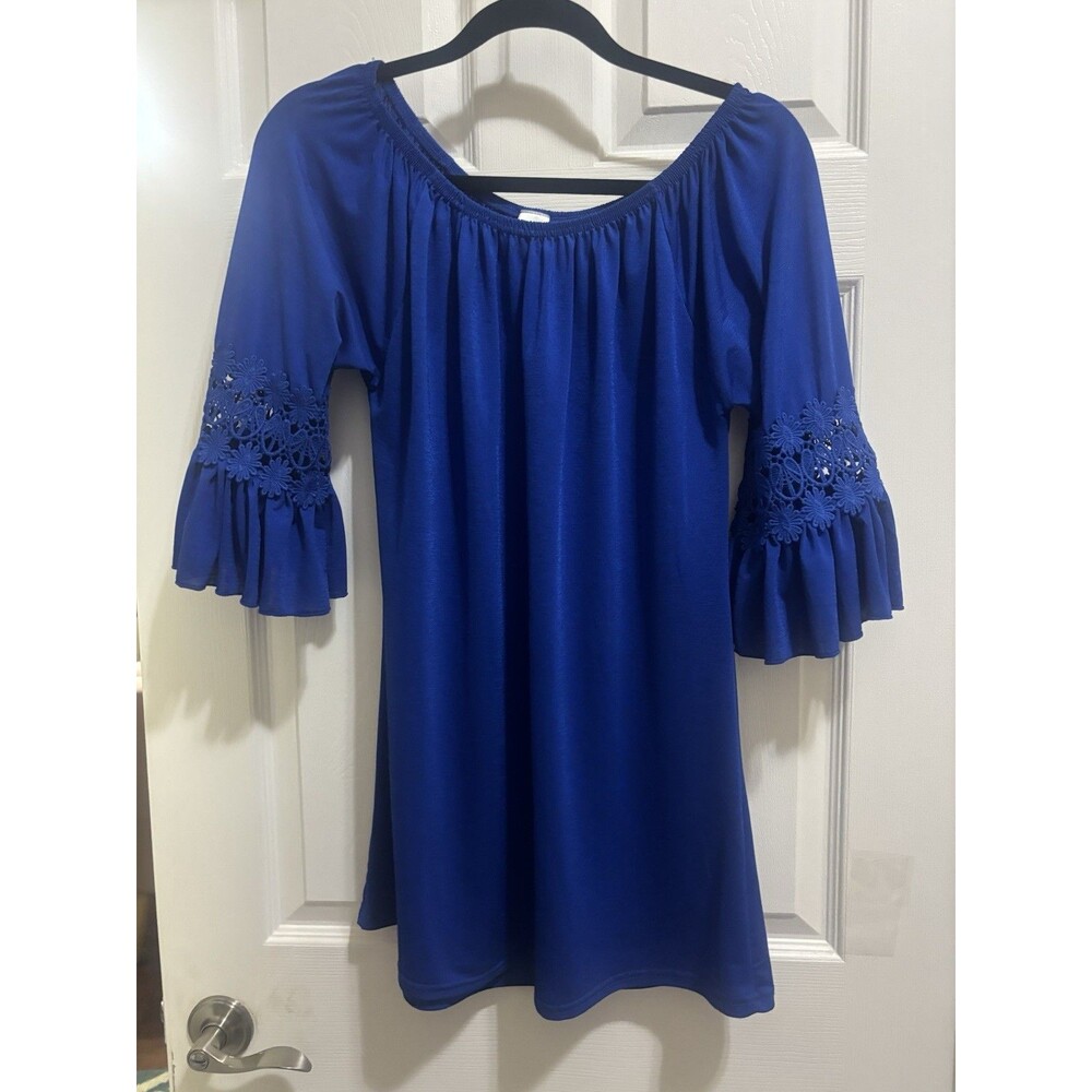 Win Win Women’s Blue Bell Sleeve Tunic Size S-M Stretchy Mini Dress Lace Sleeves - Picture 6 of 6
